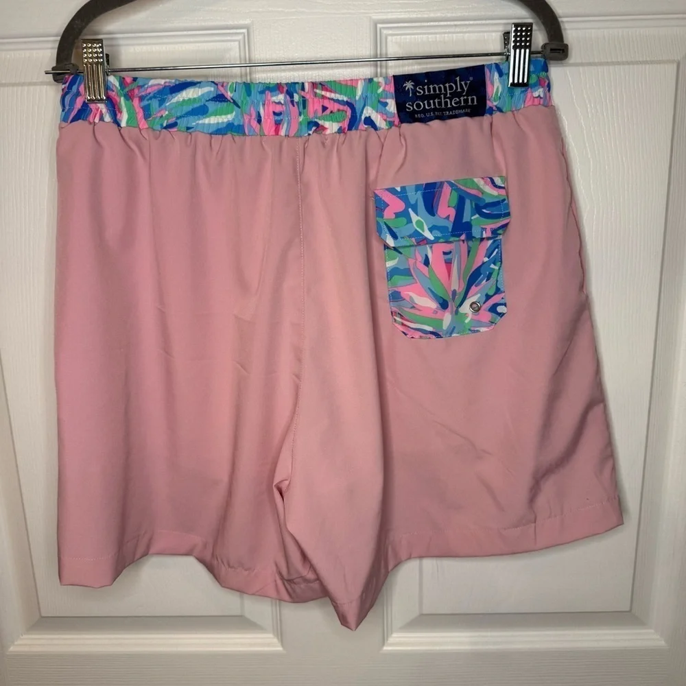 Simply Southern Pink Swim Trunks with Bright Detail on Waist Mens Size Large GUC